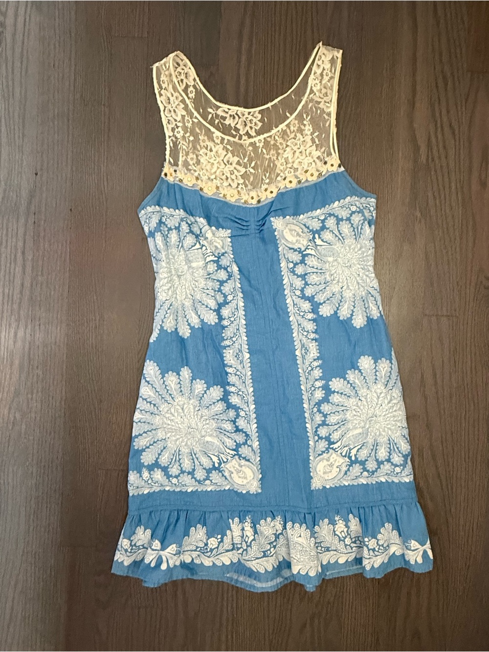 VINTAGE Free People Blue & White Paisley Lace Mini Dress Size 6 Boho Linen Blend